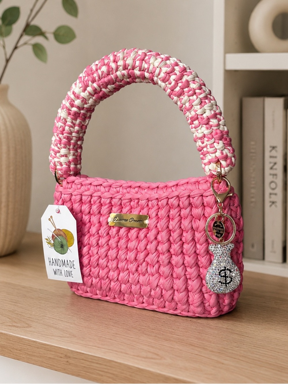 105-Marshmallow Muse Crochet Bag _ Pink/Off-white-Handmade